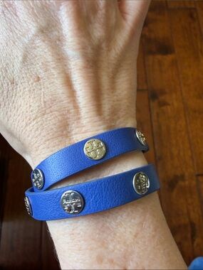 Tory Burch Blue Double-Wrap Leather Bracelet with Logo Studs